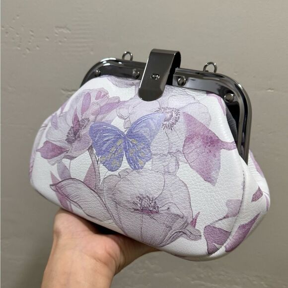 Butterfly Print Cowhide Leather Handmade Rivet Frame Push Lock Multi Use Handbag - Picture 10 of 16